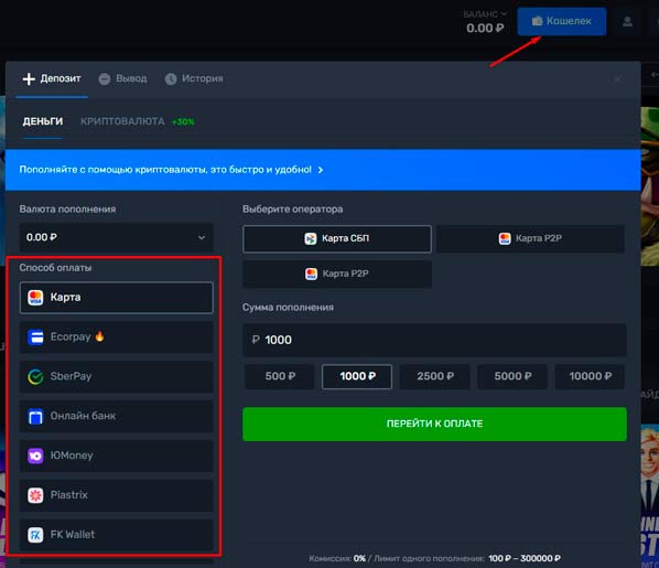Методы пополнения счета